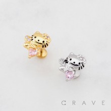 CUTTIE KITTY CAT RIBBON HEART CZ THREADLESS (PUSH IN) 316L SURGICAL STEEL LABRET SET